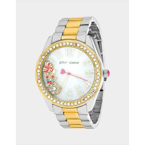 Betsey Johnson Pink Sunray Dial with Floating Stones Watch  Betsey Johnson silver link christmas Floating Charms  Dress Watch